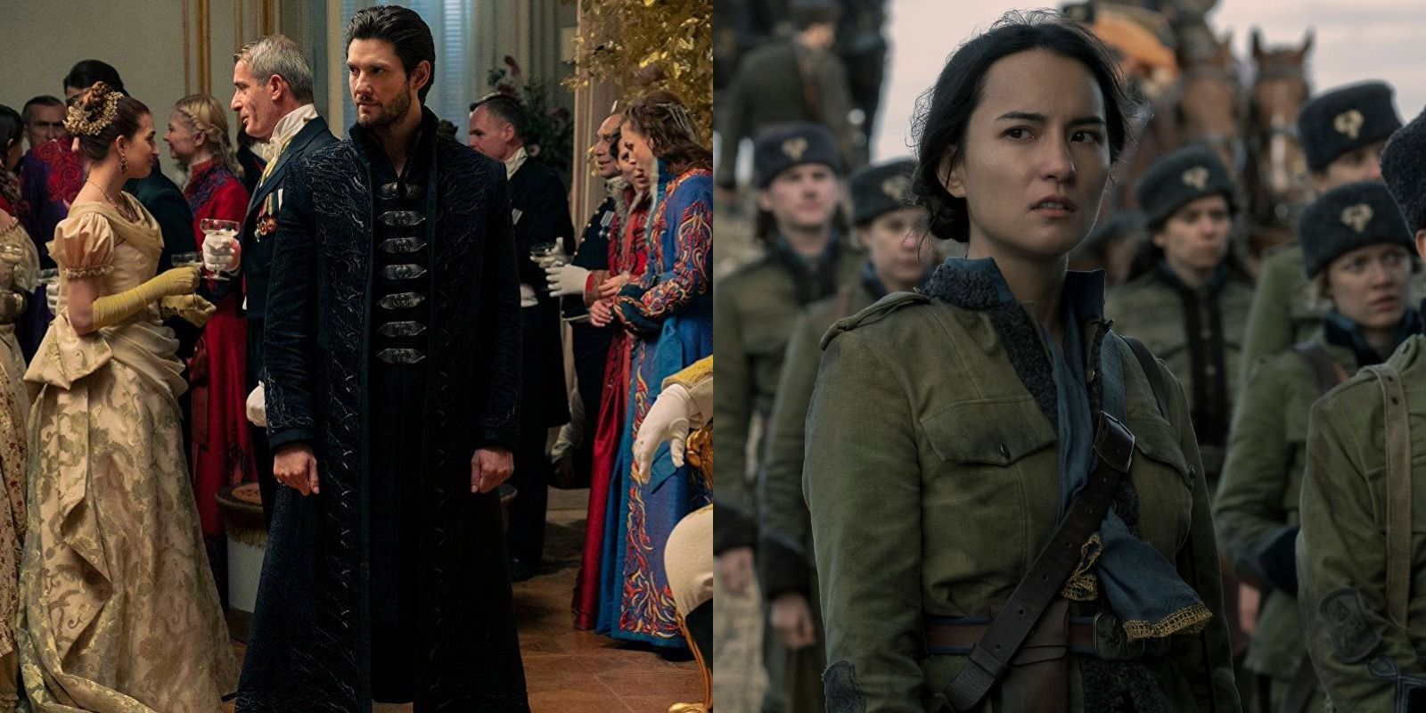Split image of General Kirigan at the Fete and Alina at the army base in Shadow and Bone.