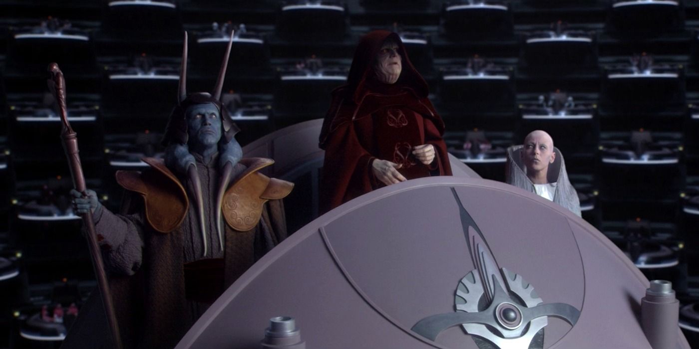 Sheev Palpatine realiza a Proclamação de uma Nova Ordem;  a formação do Império Galáctico para substituir a República Galáctica, anunciando-o na câmara do Senado em Revenge of the Sith