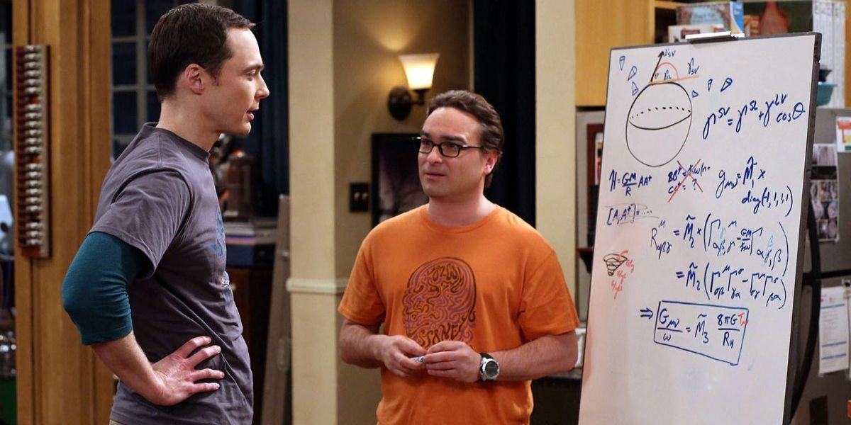 Sheldon and Leonard doing some calculations on a board in their apartment on The Big Bang Theory