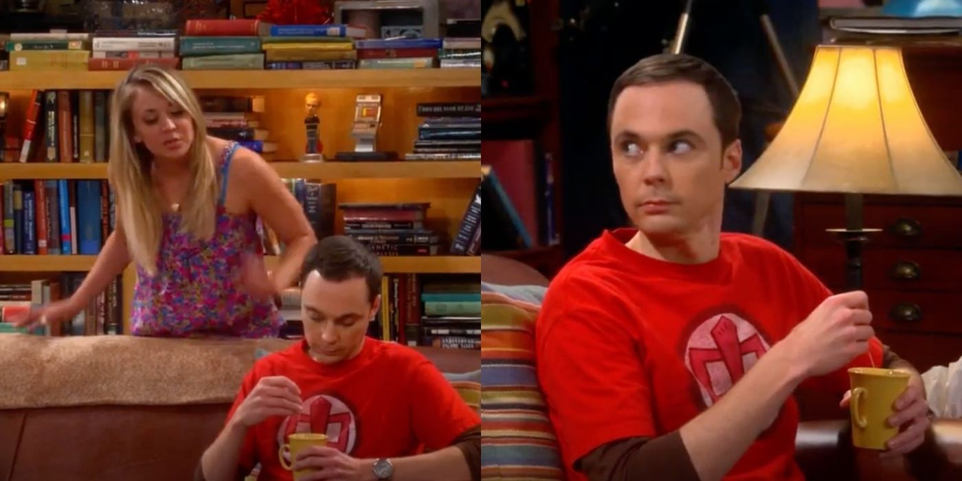Sheldon and Penny talk about Leonard by the couch on TBBT