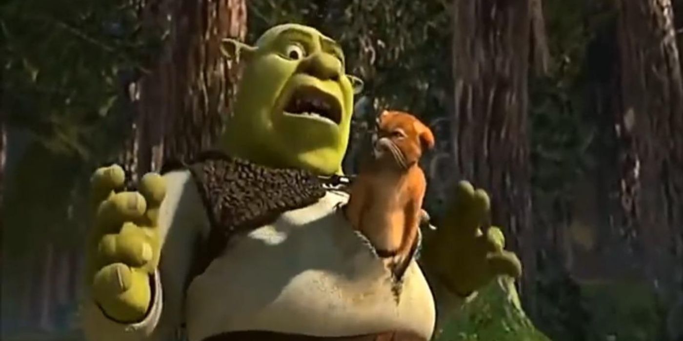 Puss N' Boots comes out of Shrek's shirt in Shrek 2
