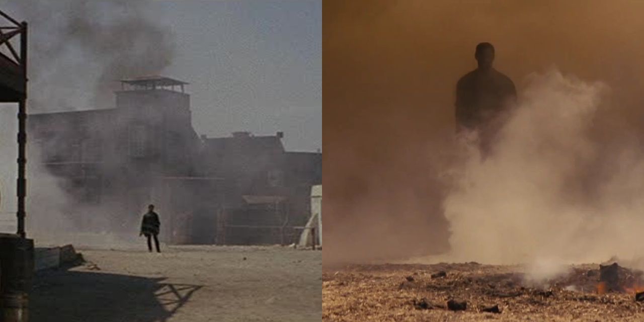 Silhouettes of Clint Eastwood in A Fistful of Dollars and Jamie Foxx in Django Unchained