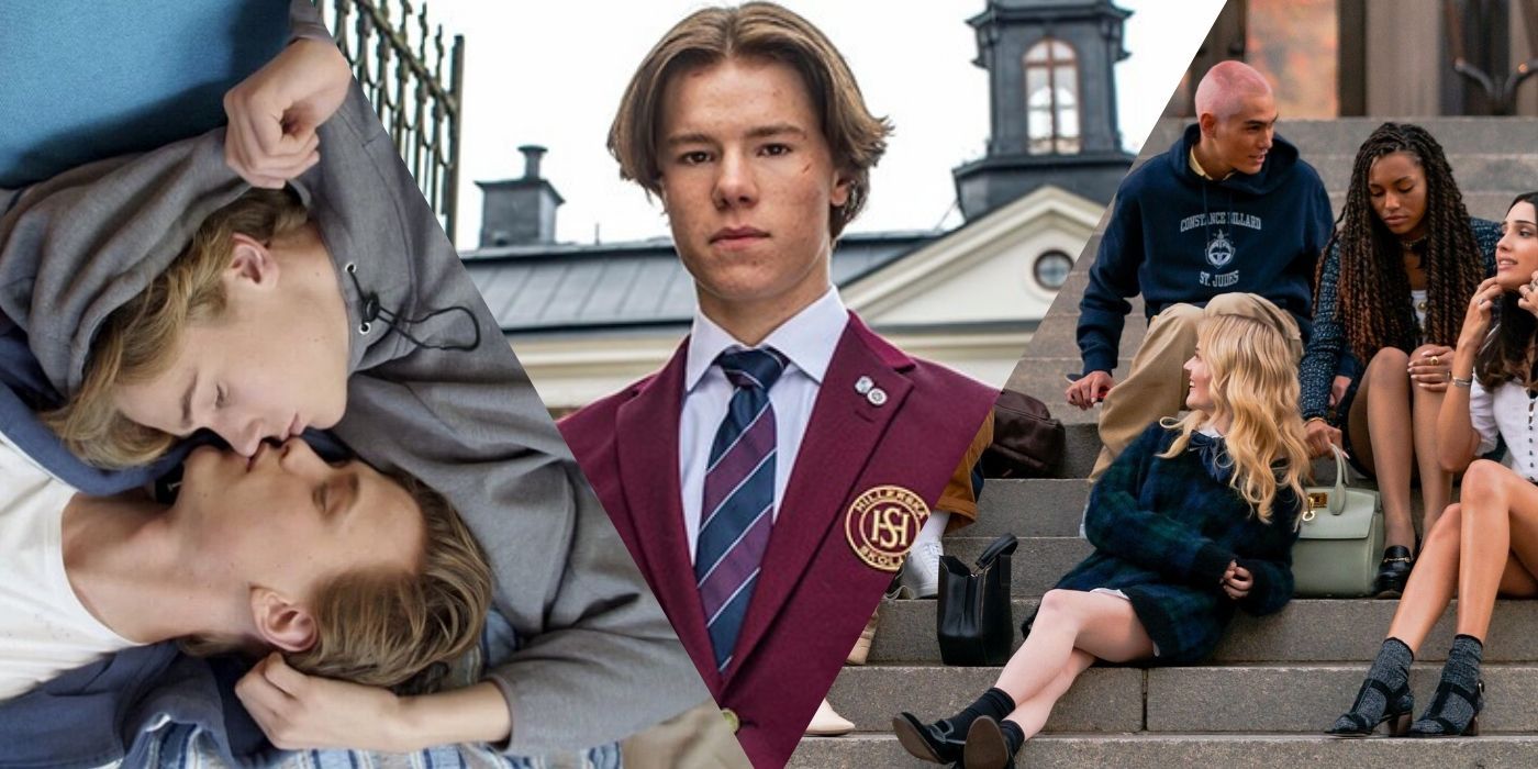 Split image of stills from Skam, Young Royals, and Gossip Girl