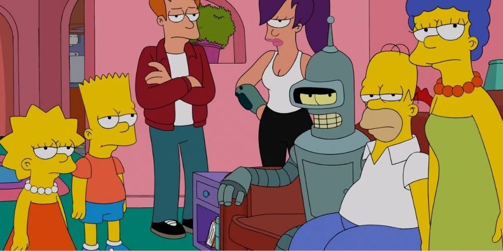 The Simpsons and Futurama come together in Homer's house in The Simpsons.