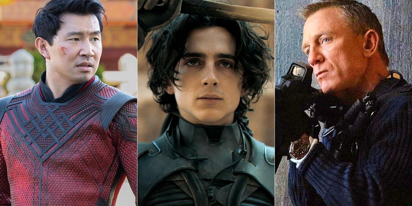 Simu Liu as Shang-Chi, Timothee Chalamet as Paul in Dune, Daniel Craig as James Bond in No Time To Die