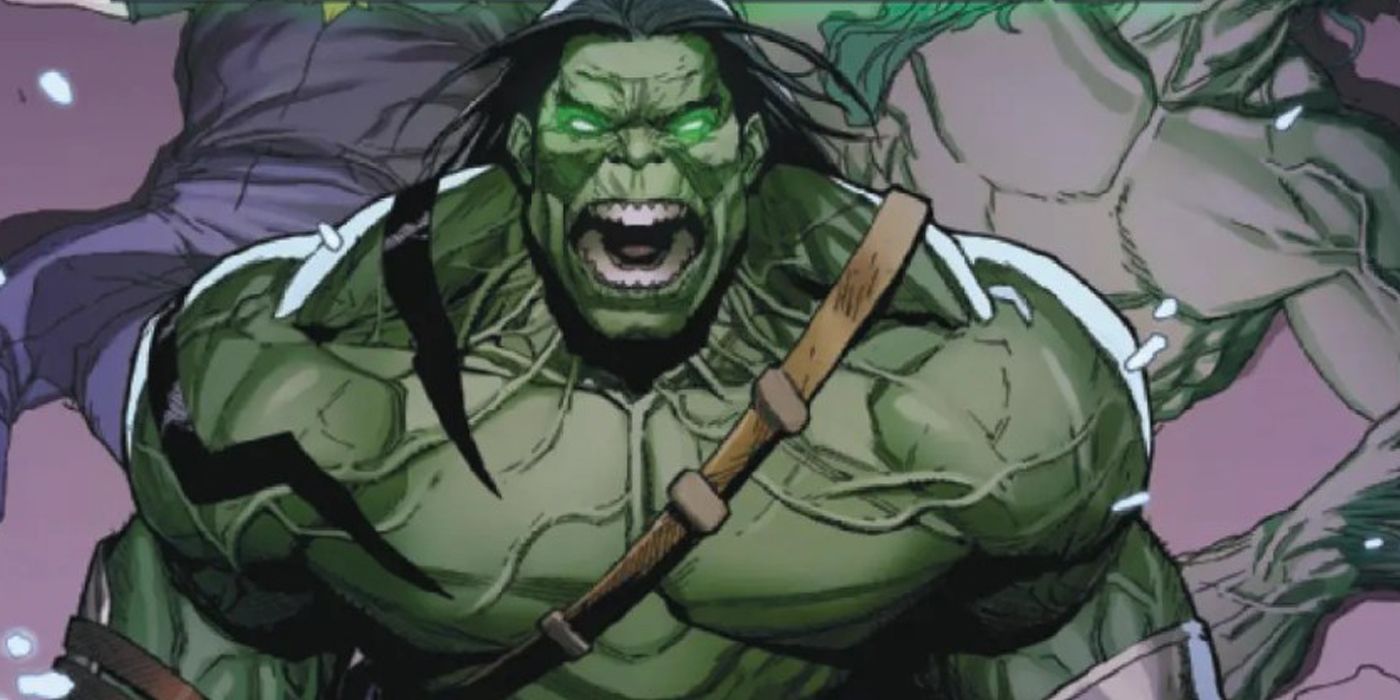 Skaar roars in anger after defeating Gamma Flight in Marvel Comics.