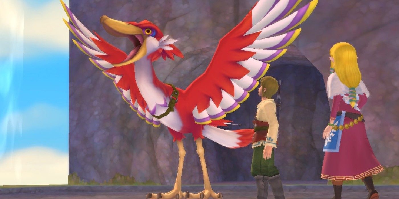 Zelda and Link standing near a Loftwing spreading its wings in Skyward Sword