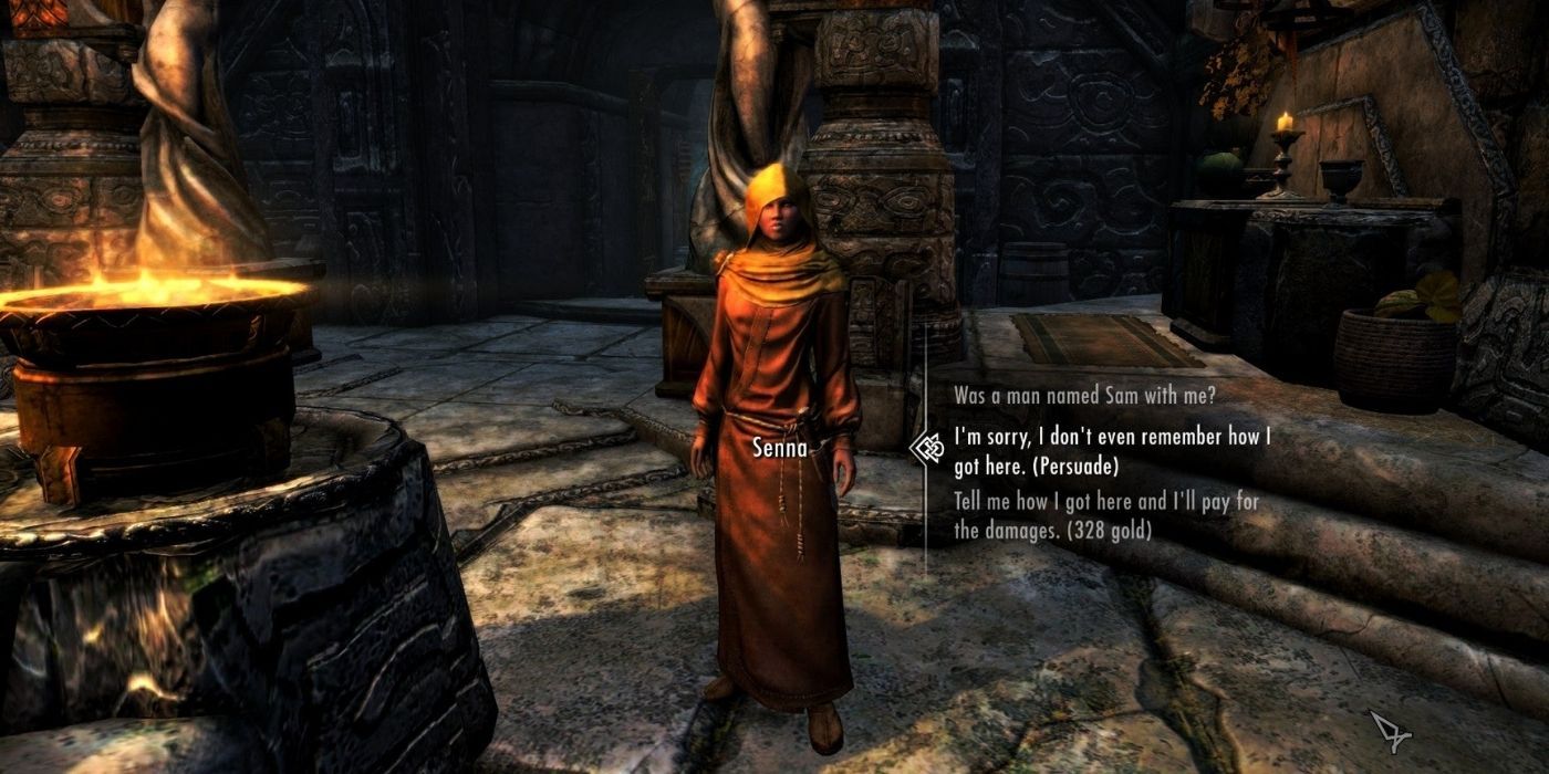 Skyrim dialogue with Senna where the player is selecting "I'm sorry, I don't even remember how I got here (Persuade)."