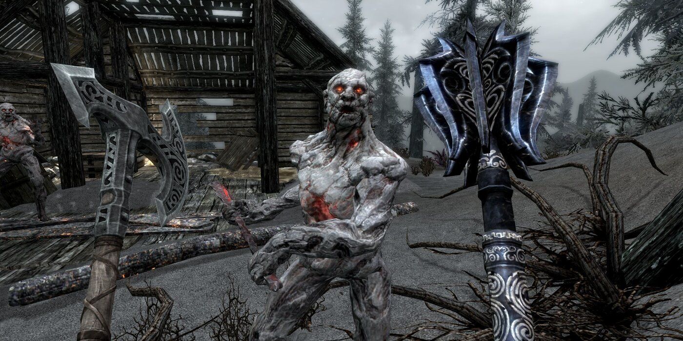 Dual-wielding an axe and mace on Solstheim in Skyrim