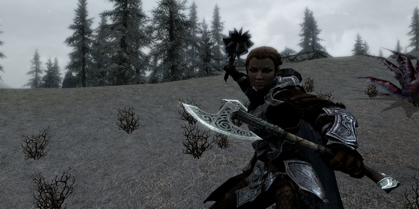 Dual wielding an axe and mace on Solstheim in Skyrim