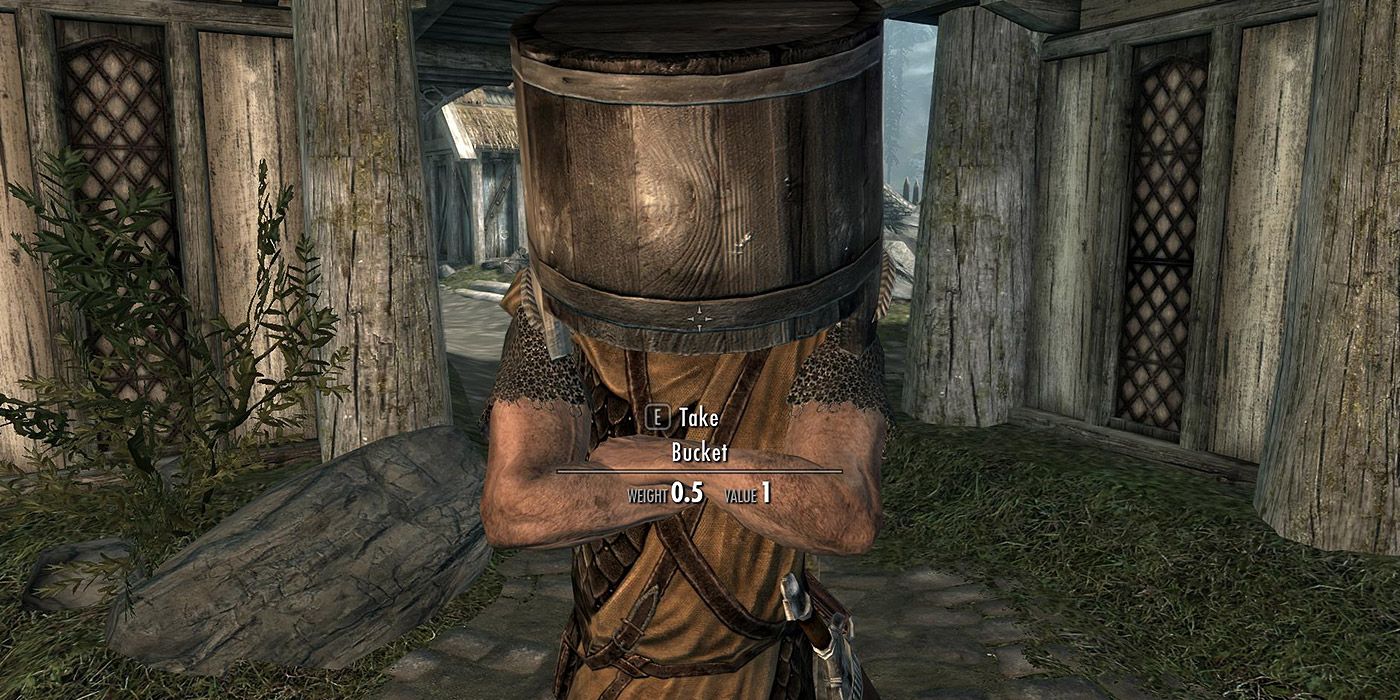 A Whiterun guard with a bucket on his head in Skyrim.