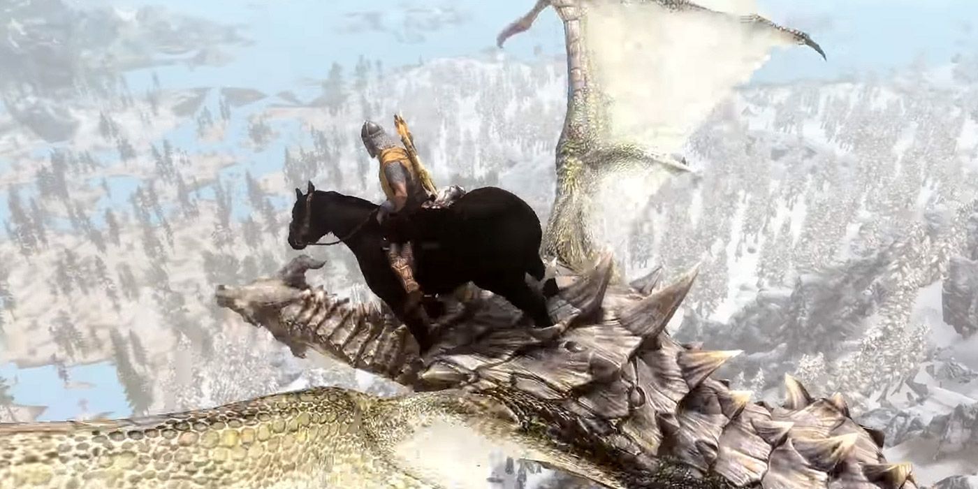 A Dragonborn on horseback riding a dragon in Skyrim.