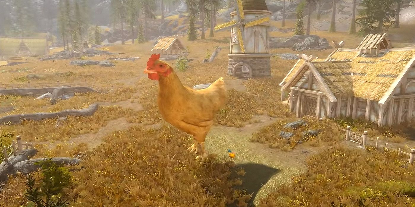 A giant chicken roams around Skyrim.