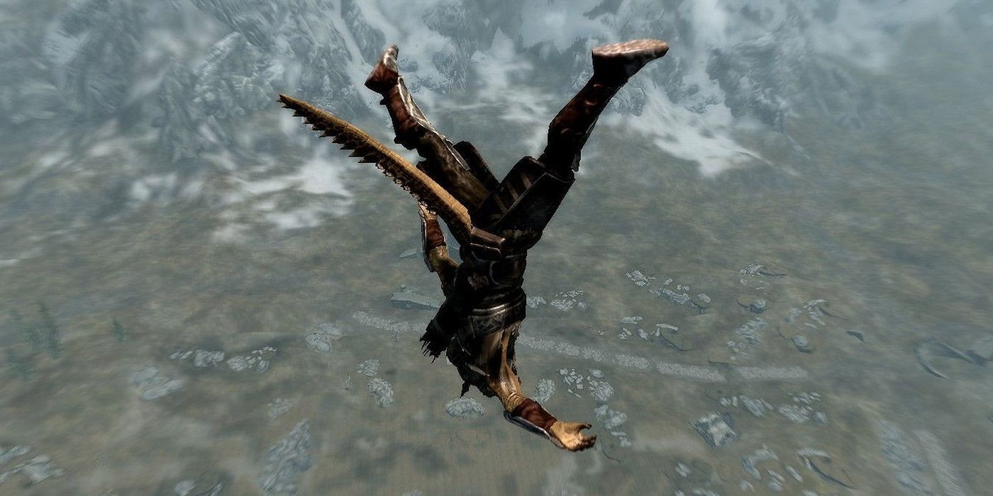 A Dragonborn soars through the air after being hit by a giant in Skyrim