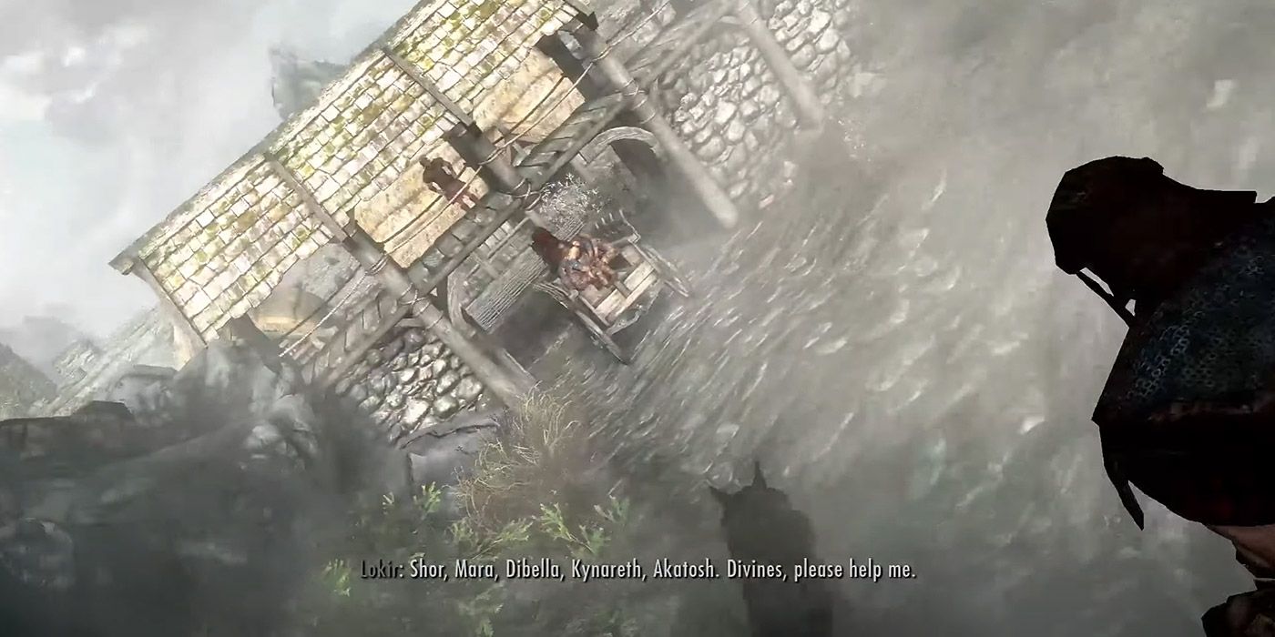 A horse wagon goes out of control on the way to Helgen in Skyrim.