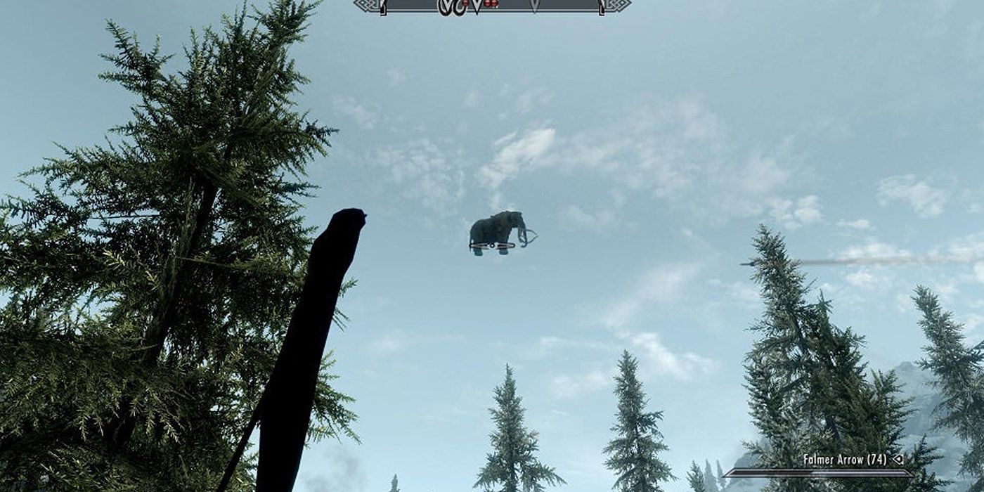 A giant mammoth soaring through the air in Skyrim.
