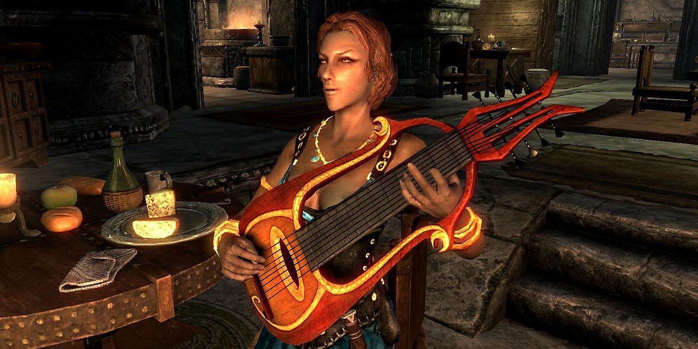 A bard playing a song in Skyrim