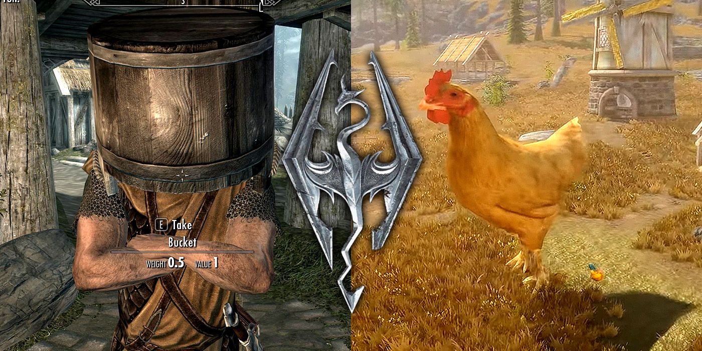 Split image of glitches in Skyrim with the game's logo in the center.