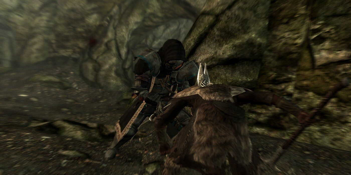 A player getting the hammer kill cam animation in Skyrim