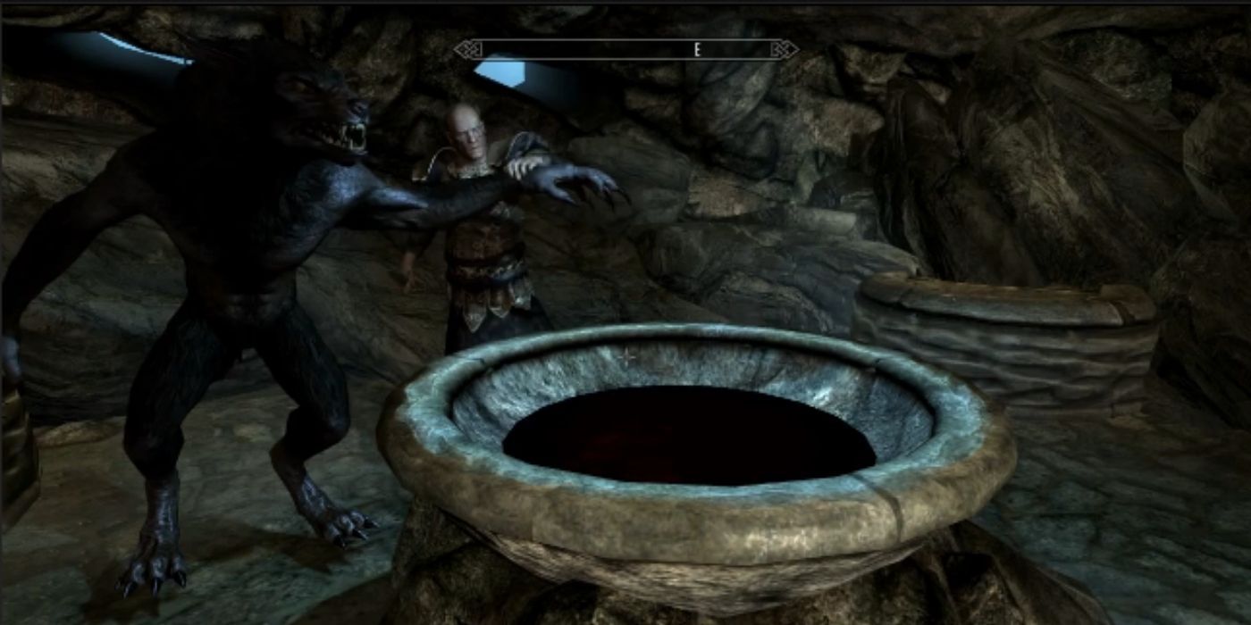 A werewolf and an NPC stand over a well in Skyrim