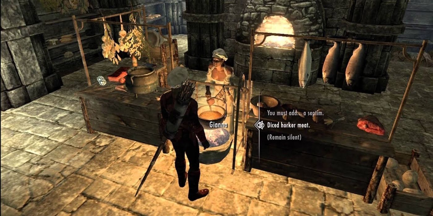 The player character talks to a cook in Skyrim