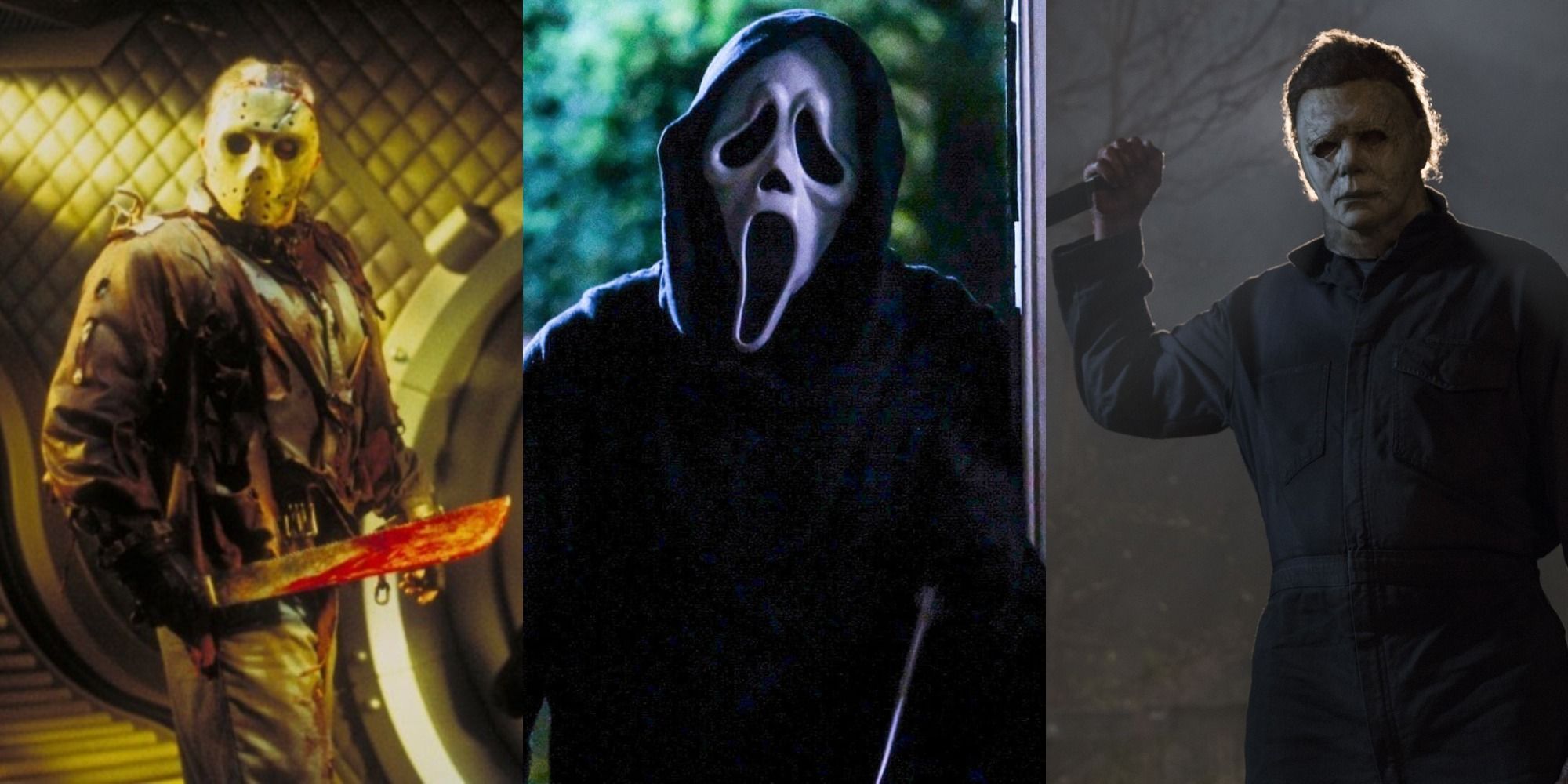 Split image of Jason with his machete, Ghostface in the doorway, and Michael Myers with his knife