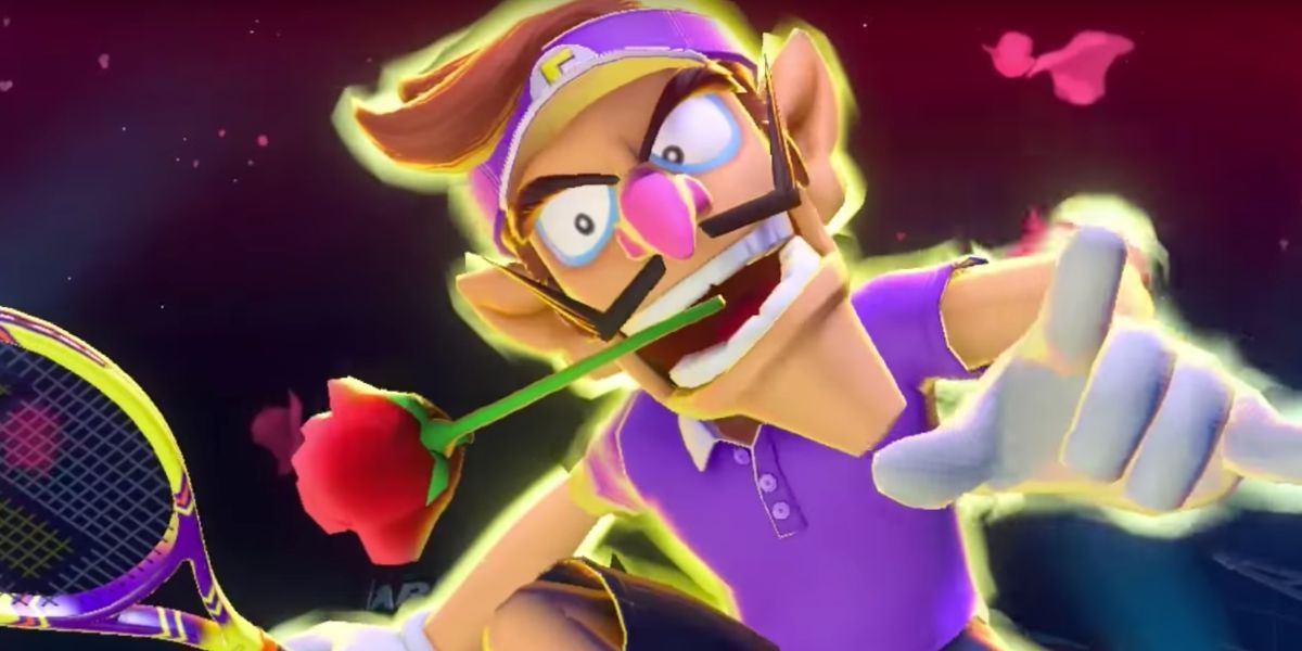 Waluigi as he appears in the latest Mario Tennis.
