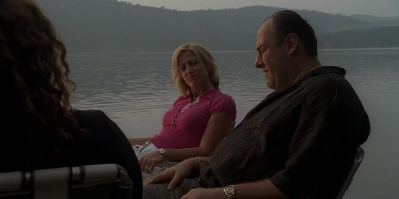Tony and Carmela sitting on the water