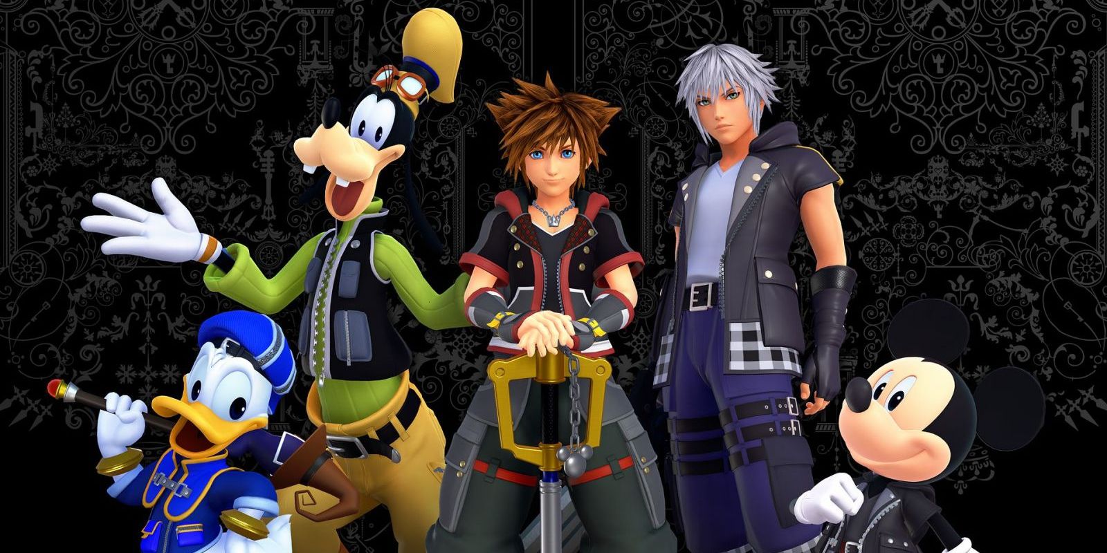 Sora, Riku, Mickey, Donald, and Goody in Kingdom Hearts III character banner