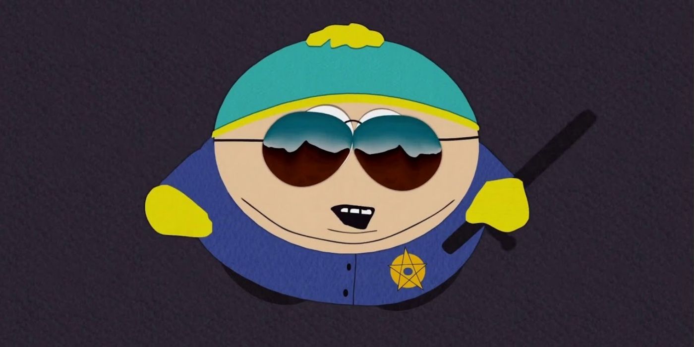 Eric Cartman as a cop looking up in South Park