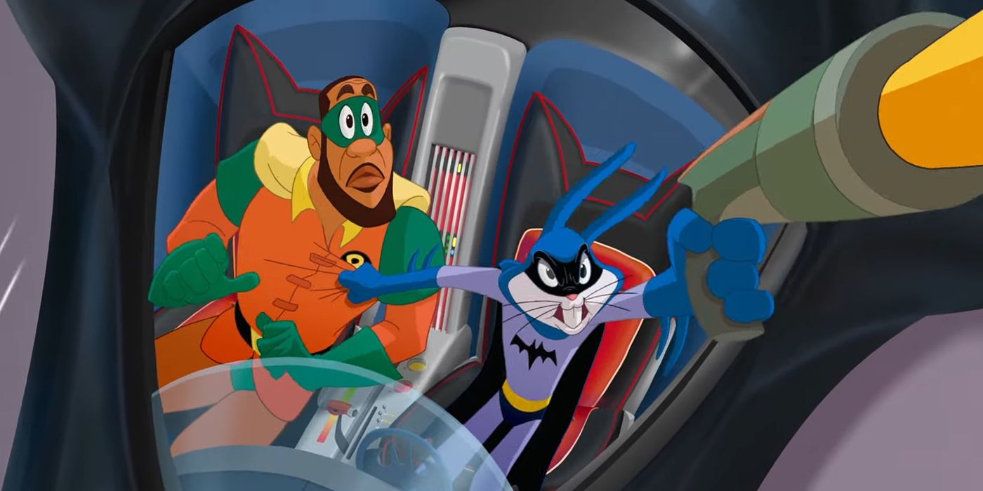 Bugs Bunny pretends to be Batman while Lebron is Robin in Space Jam A New Legacy