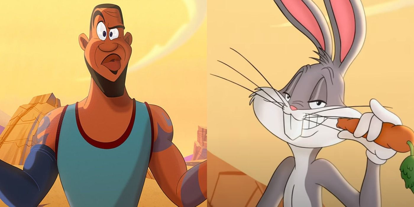 Split image of an animated LeBron James looks surprised and Bugs Bunny eats a carrot in Space Jam 2
