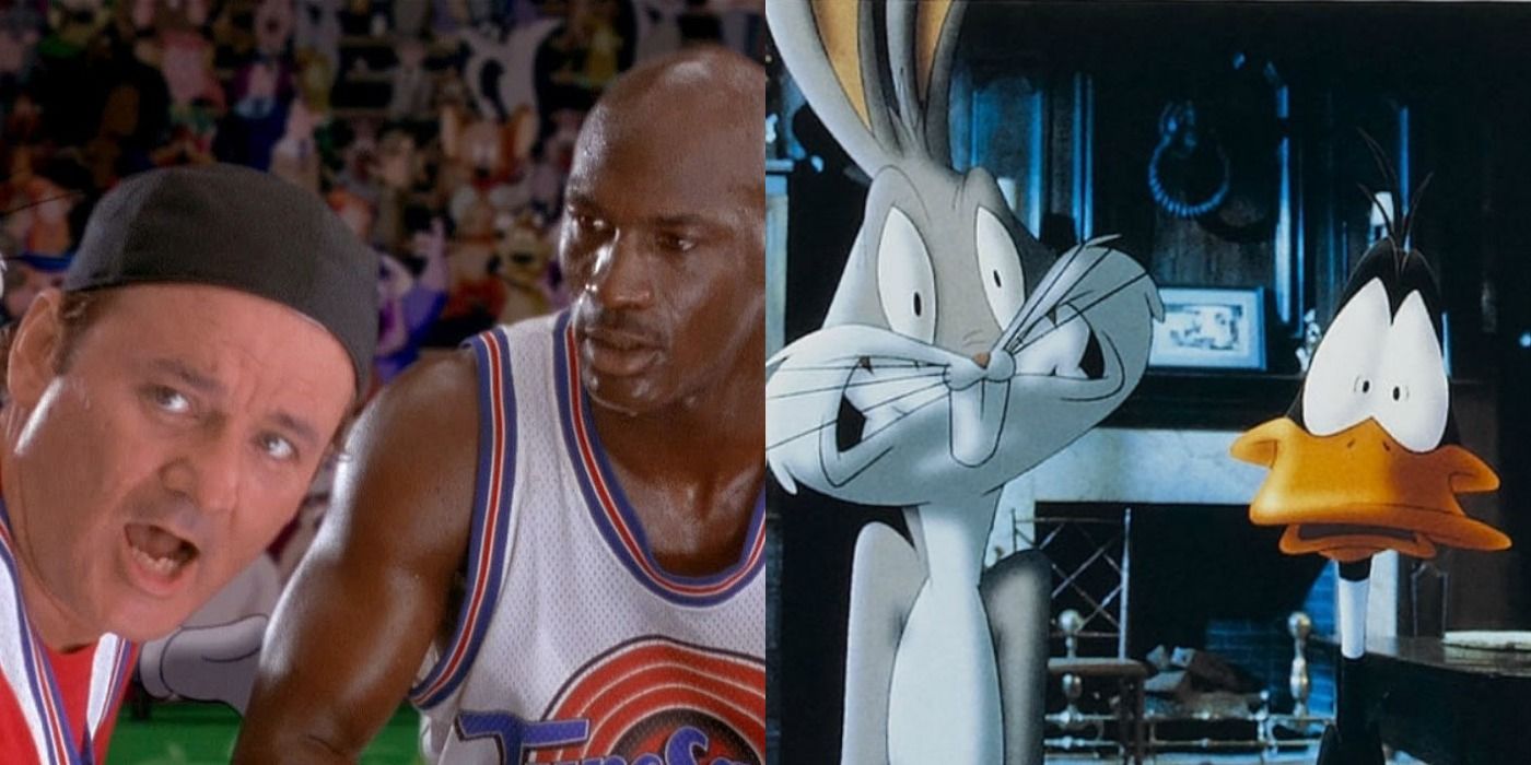 Split image of players, and bugs and daffy in the original Space Jam