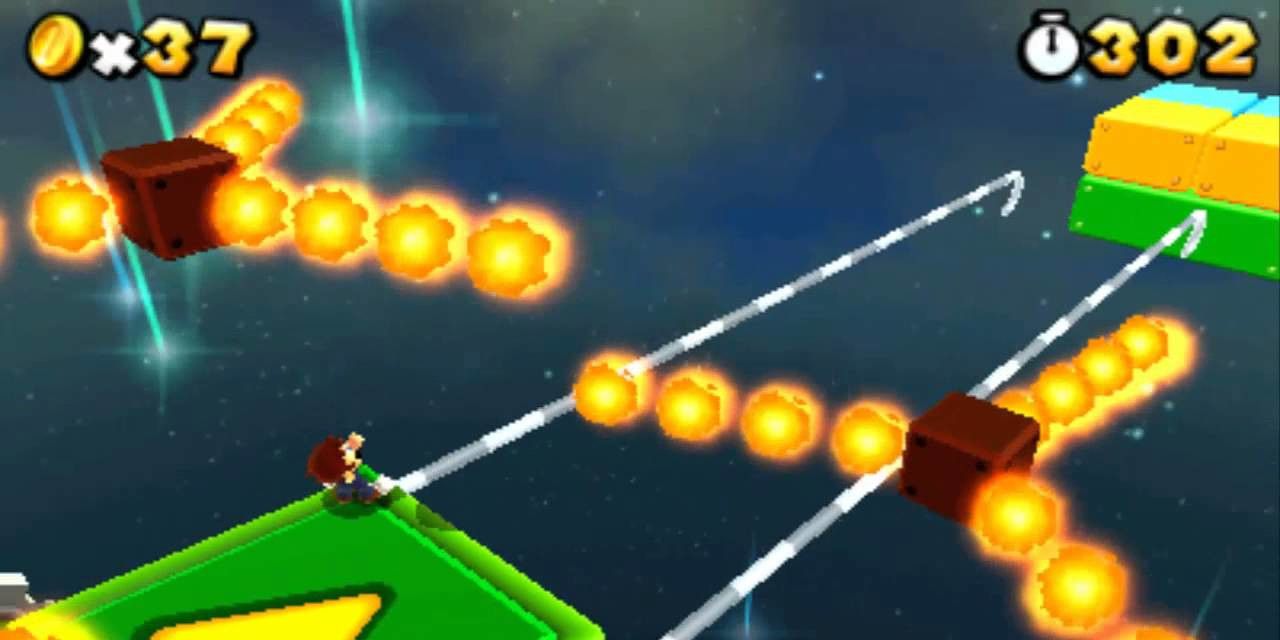 Mario riding a moving platform towards spinning flames