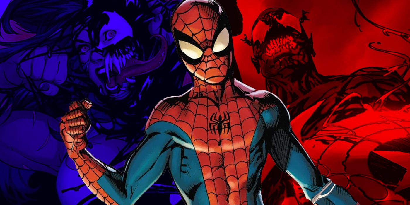 Spider-Man image blended into two versions of Venom
