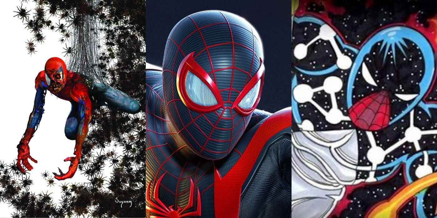 Split image of Zombie Spider-Man, Miles Morales, and Cosmic Spider-Man from Marvel Comics.