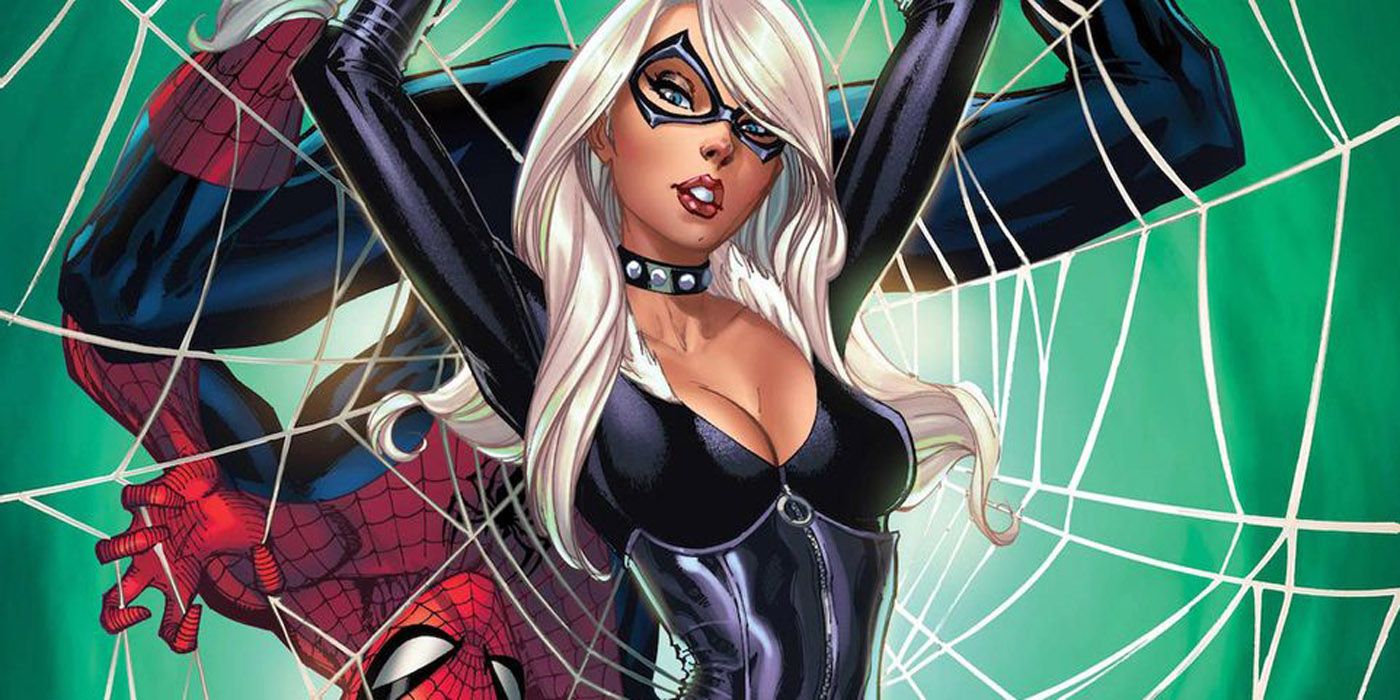Black Cat stands in front of Spider-Man and a web
