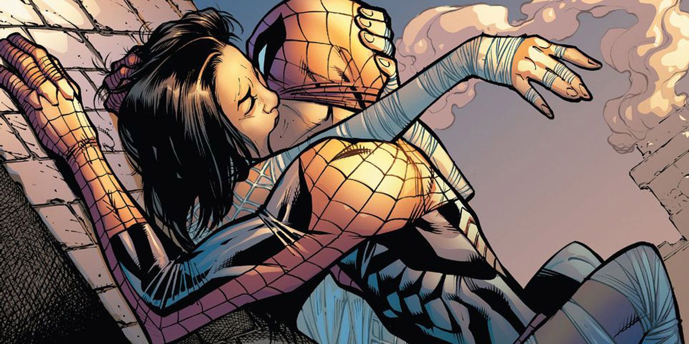 Spider-Man kissing Silk.