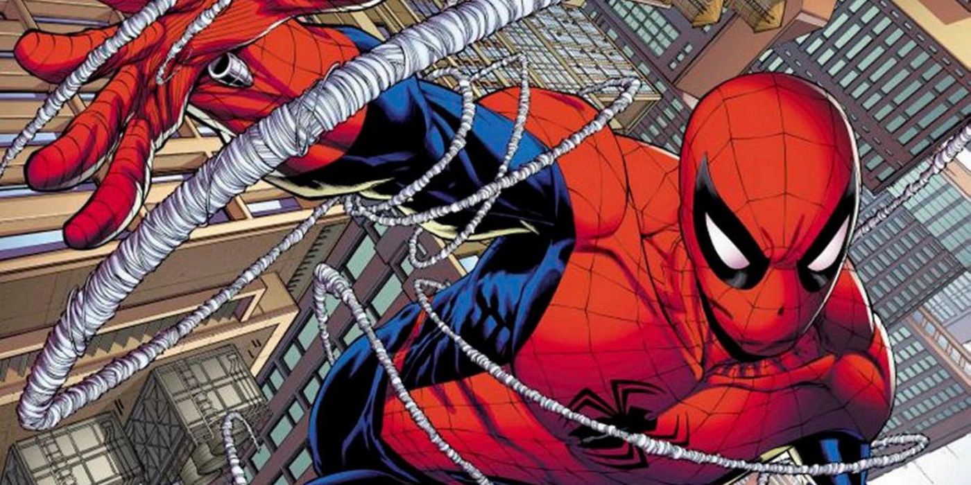 Spider-Man swinging on a web.