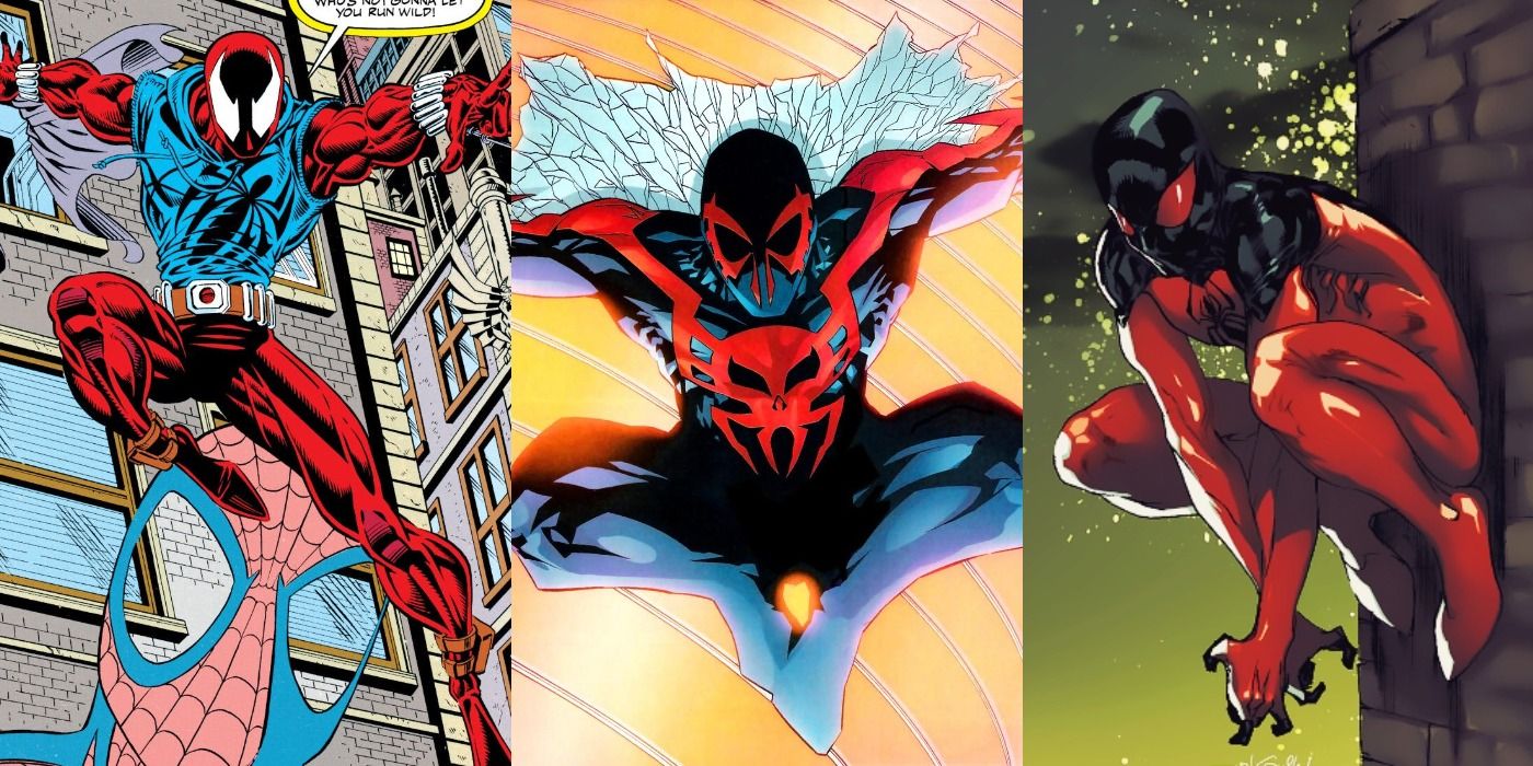 Split image of Scarlet Spider 1 (Ben Reilly), Spider-Man 2099, and Scarlet Spider 2 (Kaine).