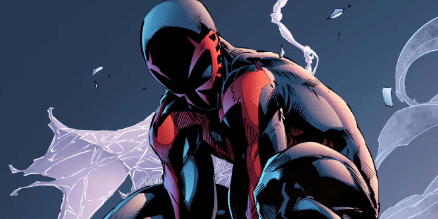 Spider-Man 2099 crouches in Marvel Comics.