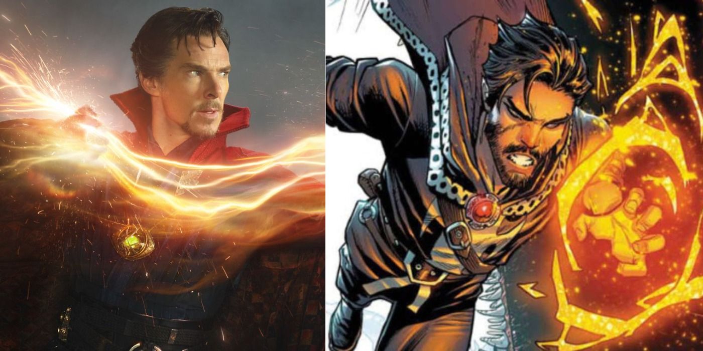 Split image: Live-Action Doctor Strange conjures shields Comic Book Doctor Strange conjures shields