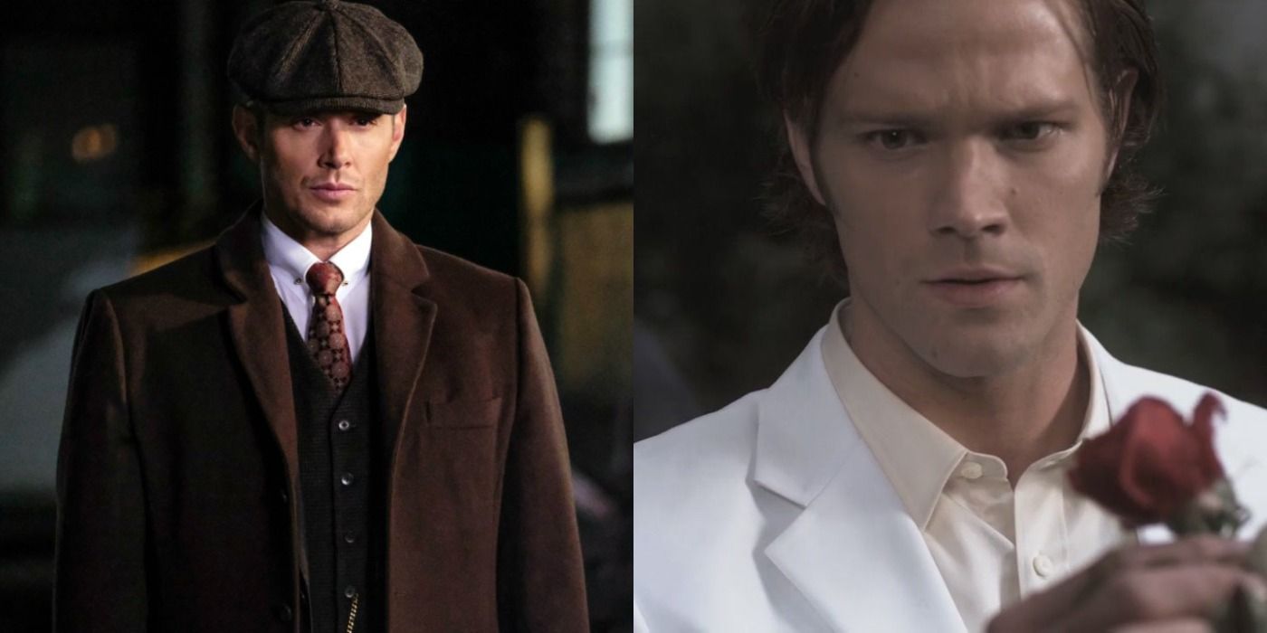 Split image of Dean Winchester posessed by Michael and Sam Winchester posessed by Lucifer