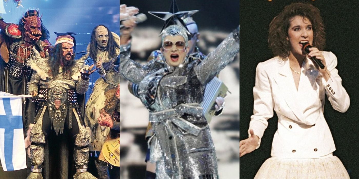 Split image of Eurovision performances including Lordi, Verka Serduchka and Celine Dion Feature