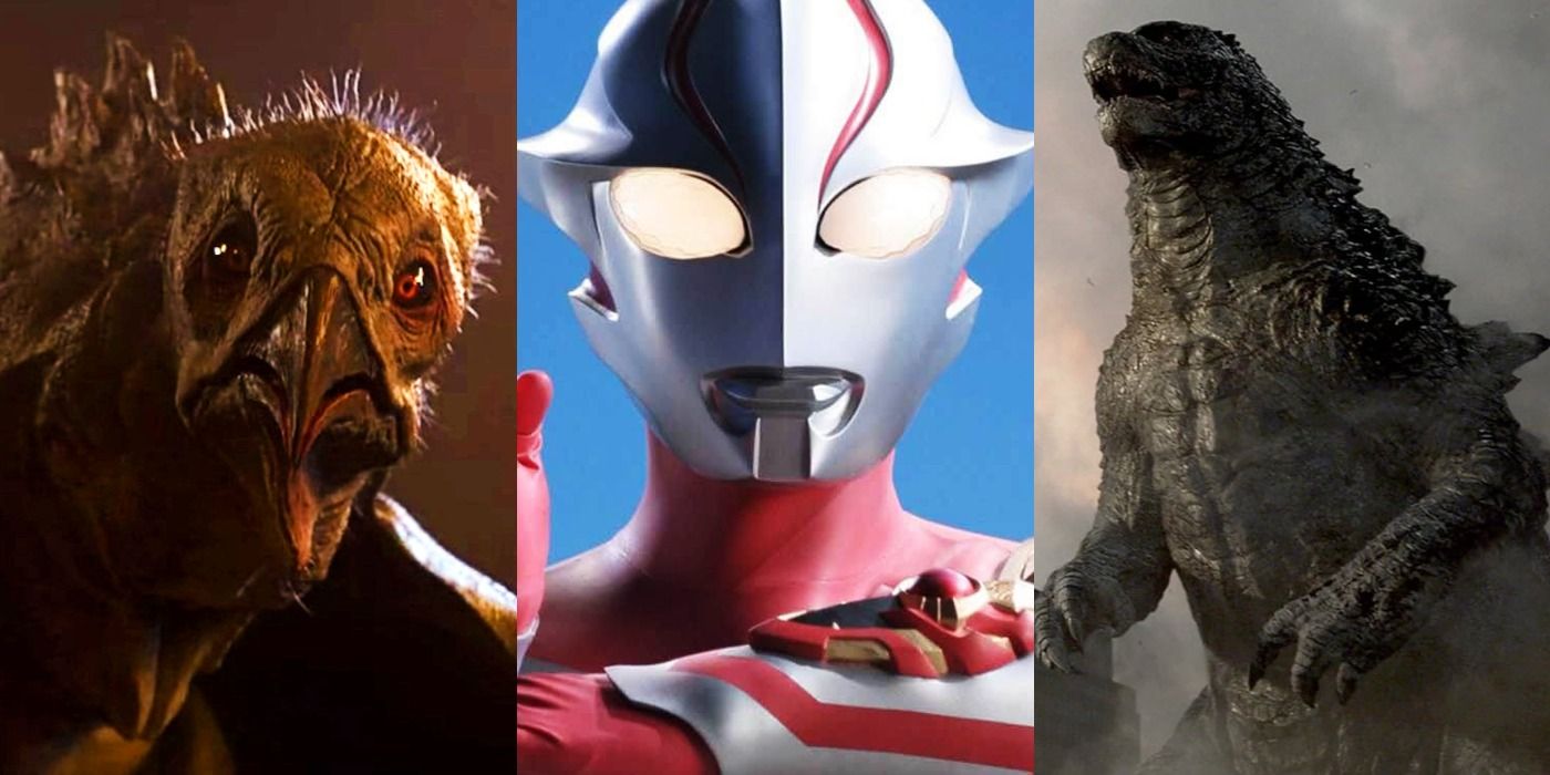 Split image of Hellhawk, Ultraman and Godzilla