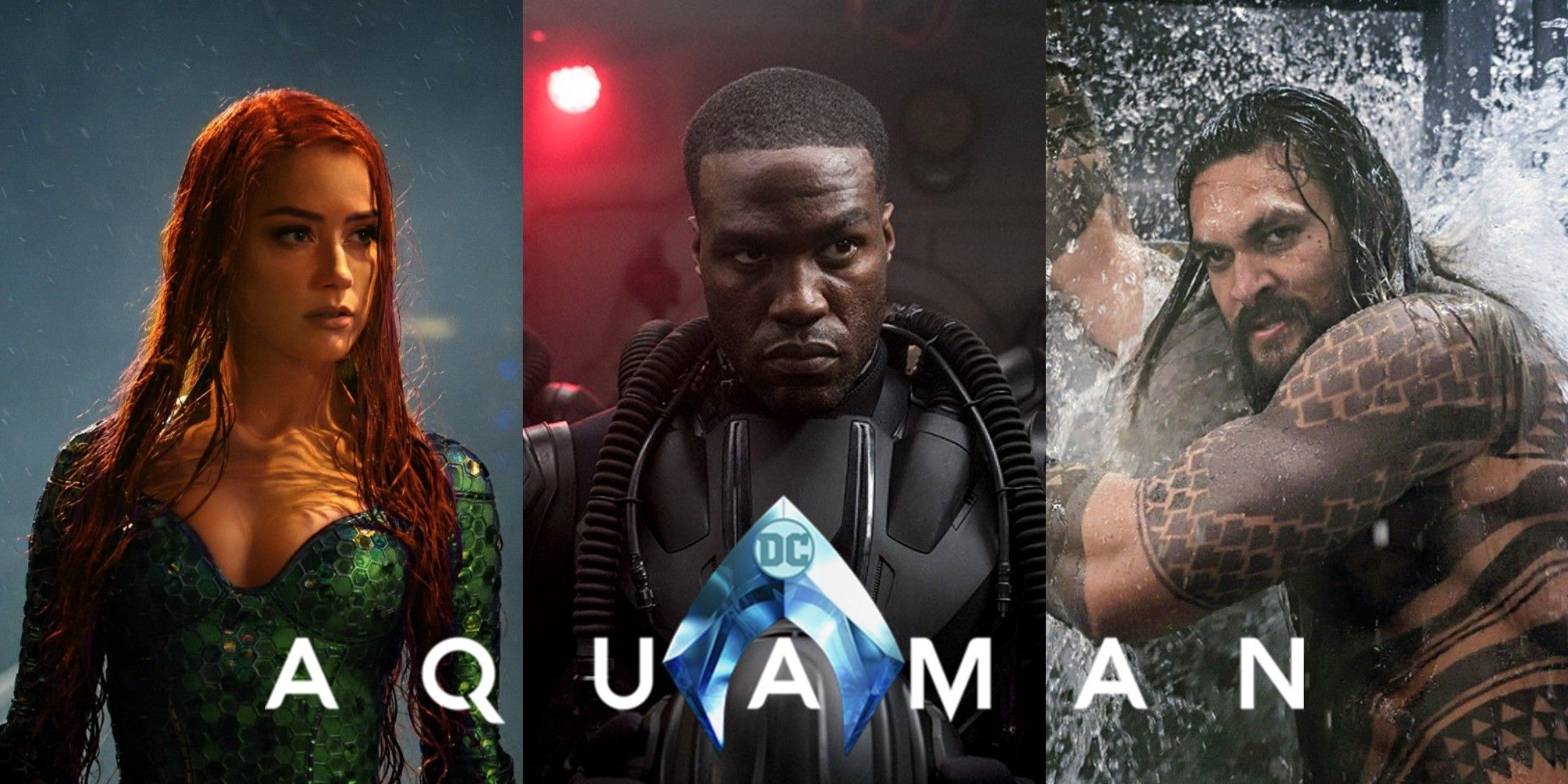 Split image of Mera, Black Manta and Arthur in Aquaman (2018) with the movie's logo on top