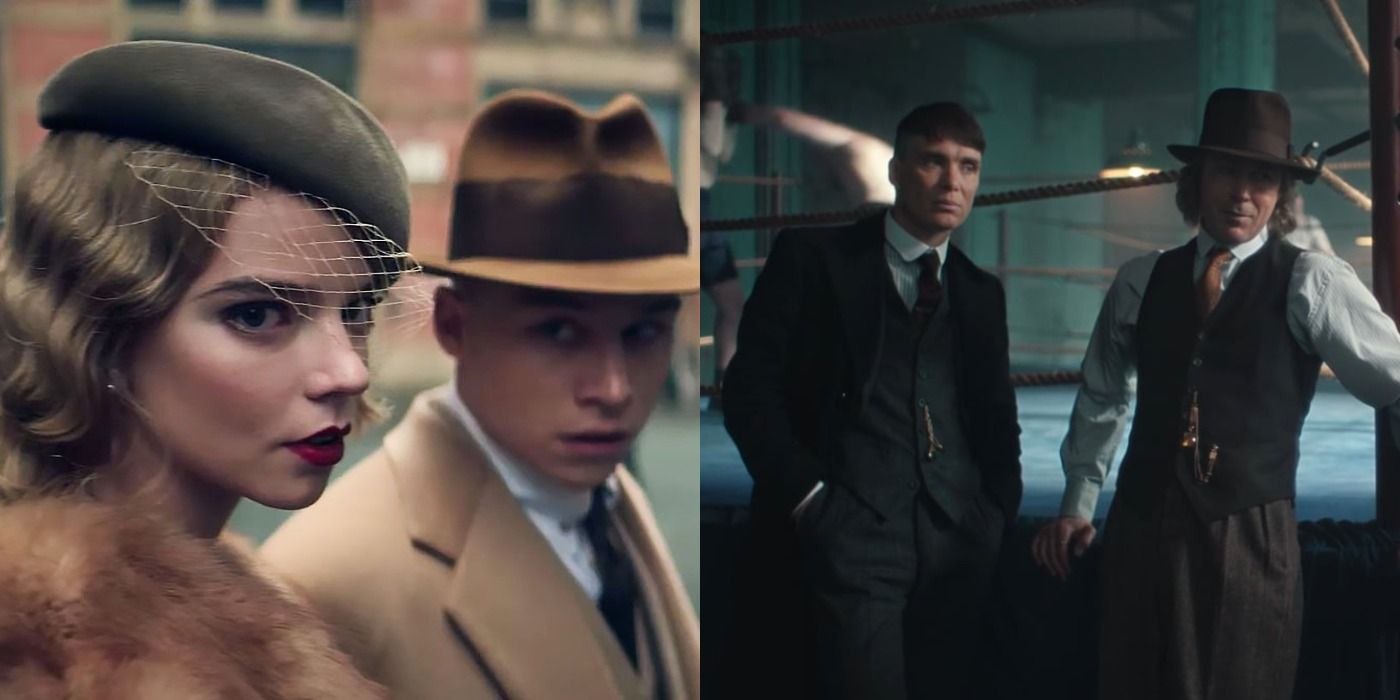 Split image of Michael & Gina Gray and Tommy Shelby & Aberama Gold in Peaky Blinders