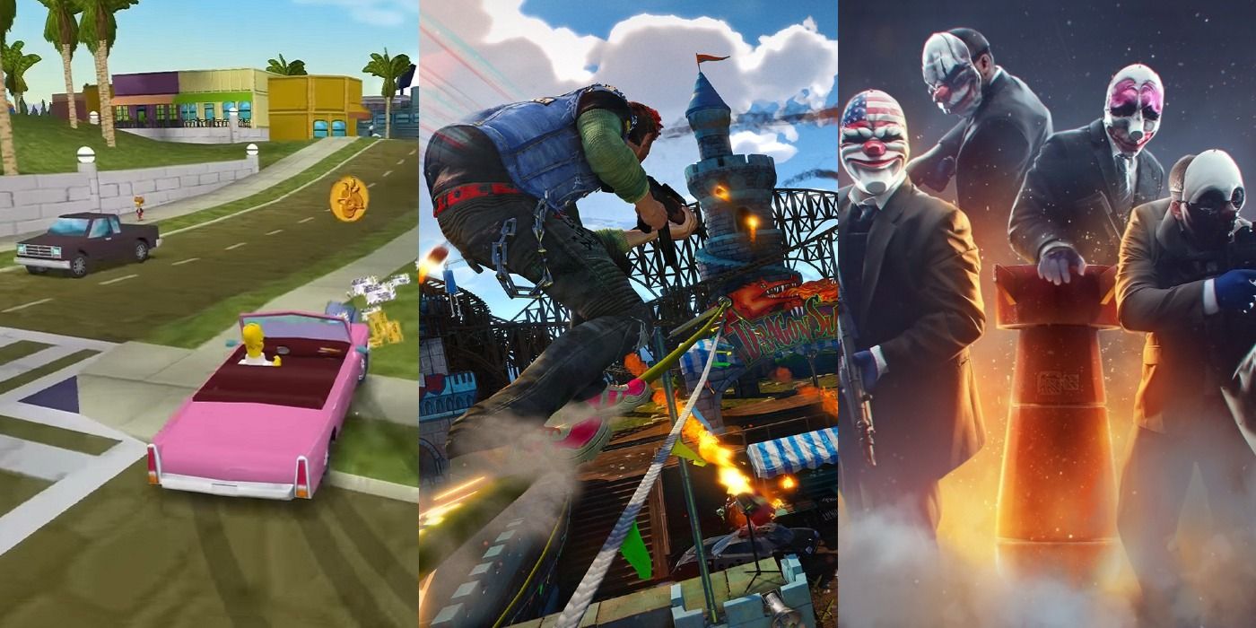 Split image of Simpsons Hit and Run, Sunset Overdrive and Payday 2 feature
