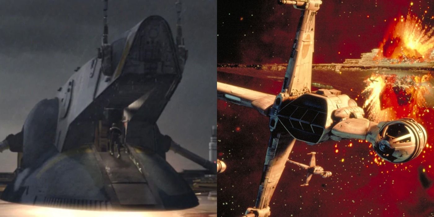 Split image of Slave 1 and a B-wing in Star Wars