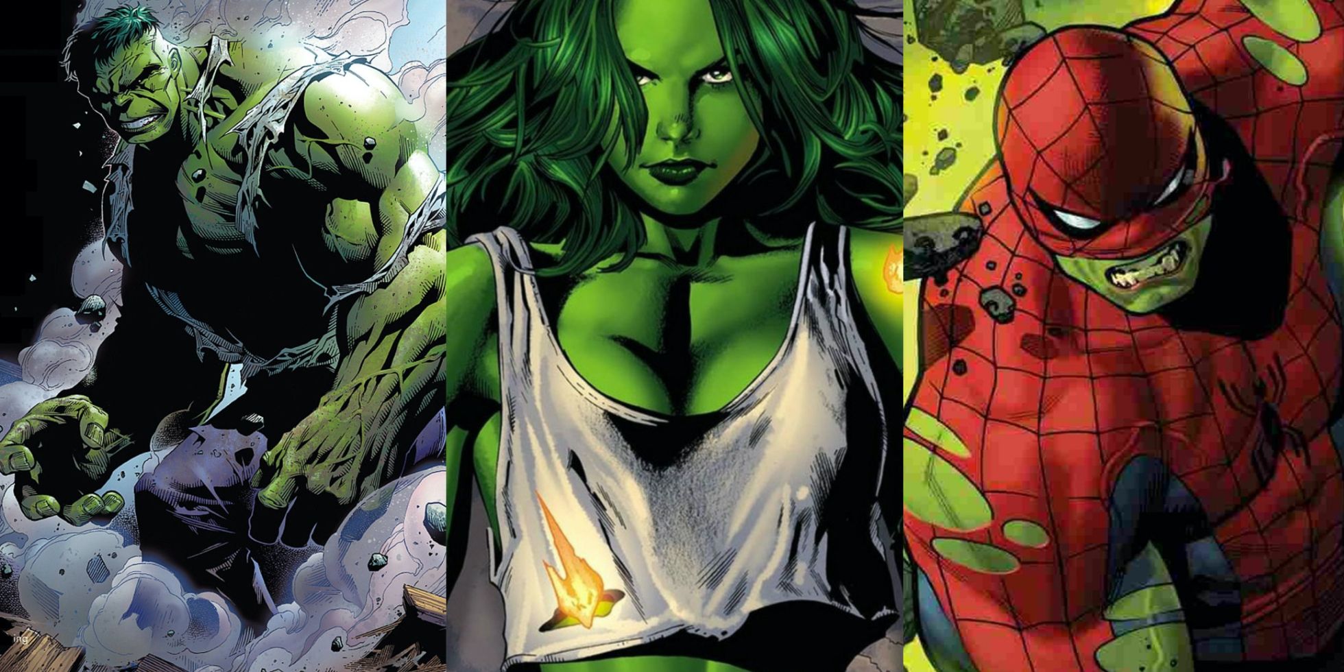 Split image of the Hulk, She-Hulk, and Spider-Hulk from Marvel Comics.